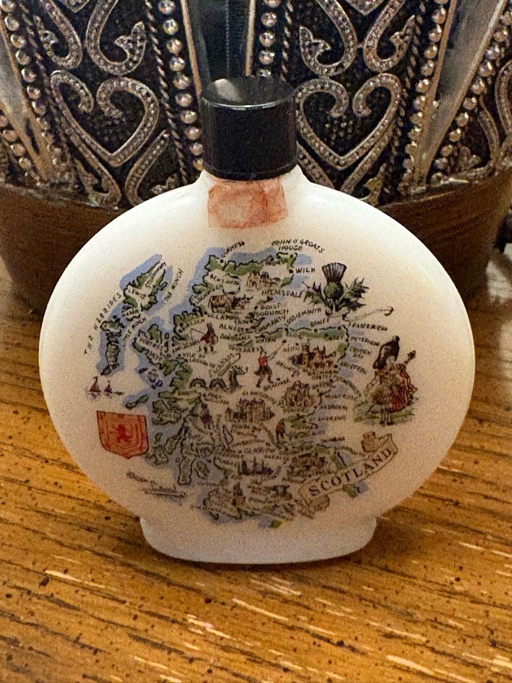Vintage Milk Glass Scotland Map Perfume Bottle